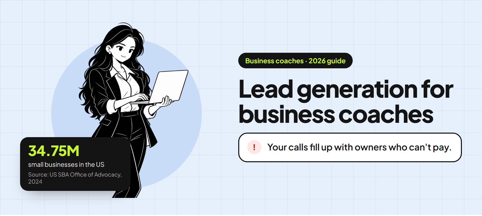Banner for the business coaches guide: an illustration of a coach beside the title "Lead generation for business coaches" and the problem "Your calls fill up with owners who can't pay." A stat card reads: 34.75M small businesses in the US (source: US SBA Office of Advocacy, 2024).