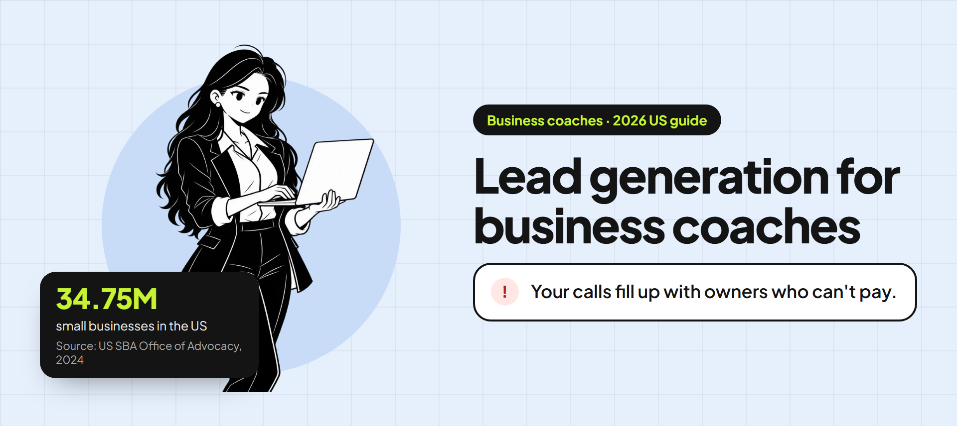 Banner for the business coaches guide: an illustration of a coach beside the title "Lead generation for business coaches" and the problem "Your calls fill up with owners who can't pay." A stat card reads: 34.75M small businesses in the US (source: US SBA Office of Advocacy, 2024).