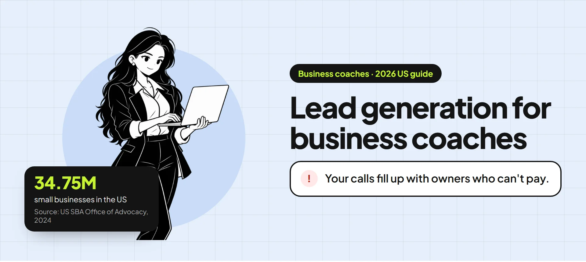 Banner for the business coaches guide: an illustration of a coach beside the title "Lead generation for business coaches" and the problem "Your calls fill up with owners who can't pay." A stat card reads: 34.75M small businesses in the US (source: US SBA Office of Advocacy, 2024).