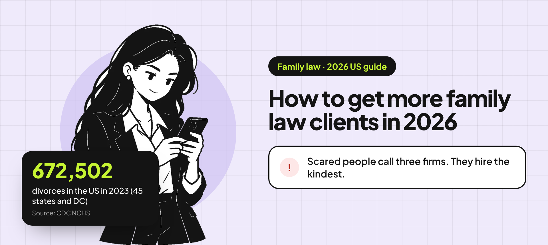 Banner for the family law clients guide: an illustration of a business owner on her phone beside the title "How to get more family law clients in 2026" and the problem "Scared people call three firms. They hire the kindest." A stat card reads: 672,502 divorces in the US in 2023, 45 states and DC (source: CDC NCHS).