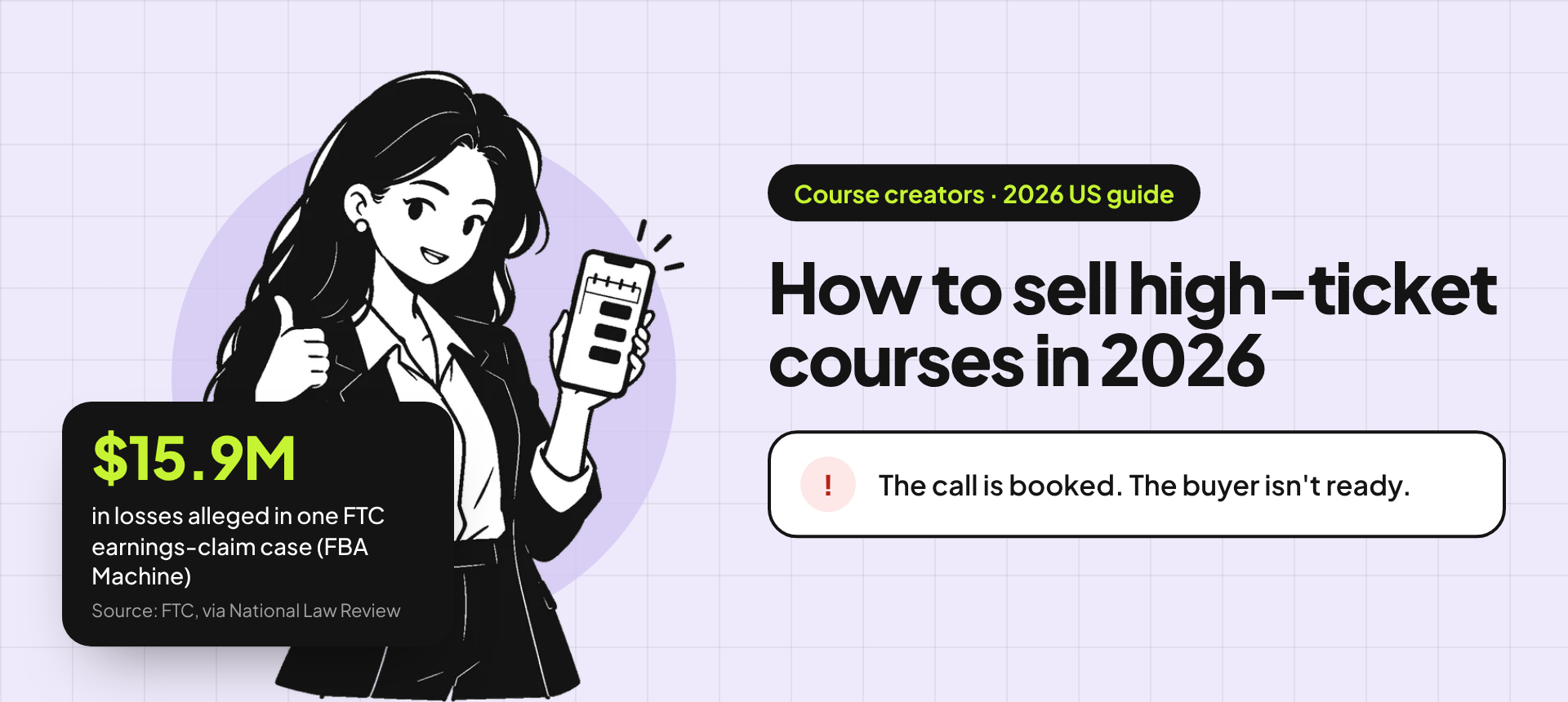 Banner for the high-ticket courses guide: an illustration of a business owner giving a thumbs up with her phone beside the title "How to sell high-ticket courses in 2026" and the problem "The call is booked. The buyer isn't ready." A stat card reads: $15.9M in losses alleged in one FTC earnings-claim case, FBA Machine (source: FTC, via National Law Review).