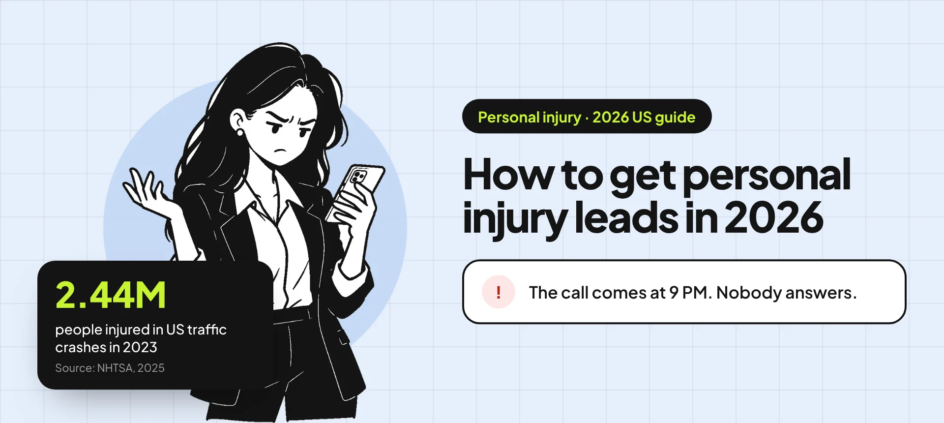 Banner for the personal injury leads guide: an illustration of a frustrated business owner on her phone beside the title "How to get personal injury leads that sign" and the problem "The call comes at 9 PM. Nobody answers." A stat card reads: 2.44M people injured in US traffic crashes in 2023 (source: NHTSA, 2025).