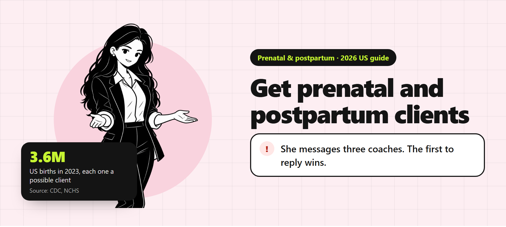 Banner for the prenatal & postpartum guide: an illustration of a coach beside the title "Get prenatal and postpartum clients" and the problem "She messages three coaches. The first to reply wins." A stat card reads: 3.6M US births in 2023, each one a possible client (source: CDC, NCHS).