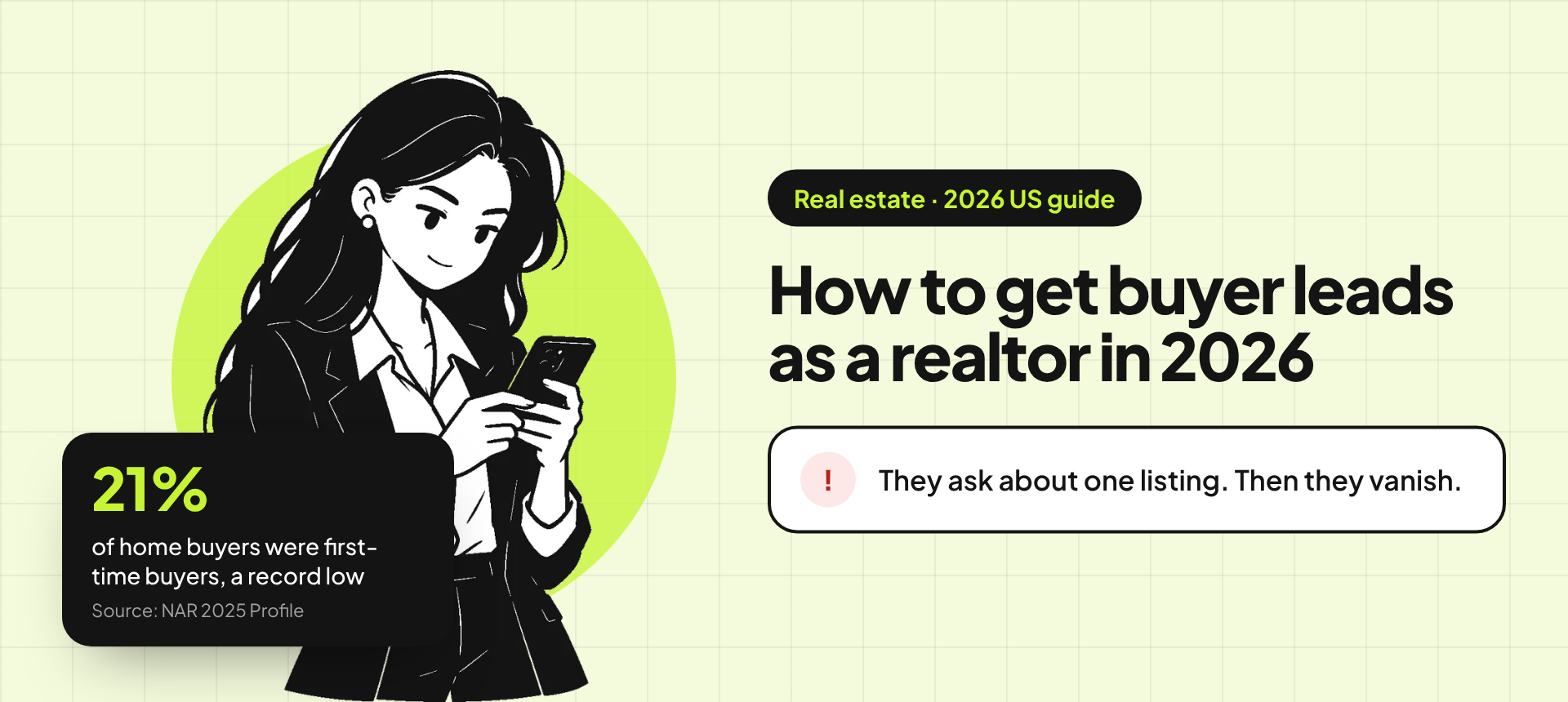 Banner for the real estate buyer leads guide: an illustration of a business owner on her phone beside the title "How to get buyer leads as a realtor in 2026" and the problem "They ask about one listing. Then they vanish." A stat card reads: 21% of home buyers were first-time buyers, a record low (source: NAR 2025 Profile of Home Buyers and Sellers).