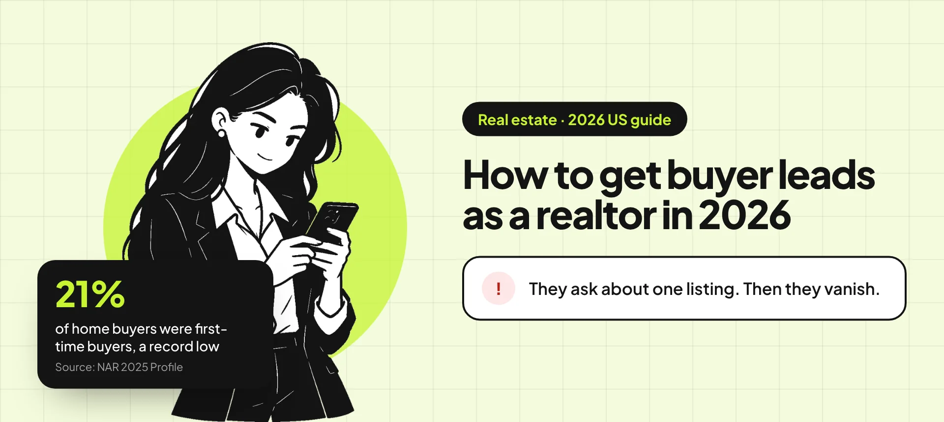 Banner for the real estate buyer leads guide: an illustration of a business owner on her phone beside the title "How to get buyer leads that tour and buy" and the problem "They ask about one listing. Then they vanish." A stat card reads: 21% of home buyers were first-time buyers, a record low (source: NAR 2025 Profile of Home Buyers and Sellers).